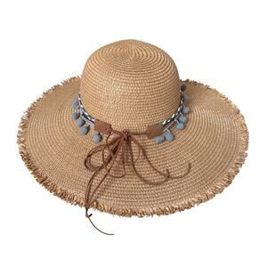 Nicole Marciano 100% Straw Tan Sun Hat with Blue Pom Poms & Tie - One Size